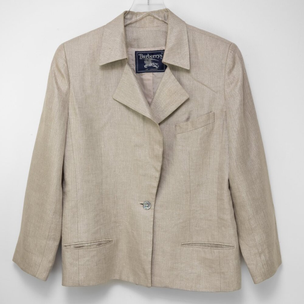 Burberry London Vintage 80s Blazer Linen Blend Gold Metallic Size 12